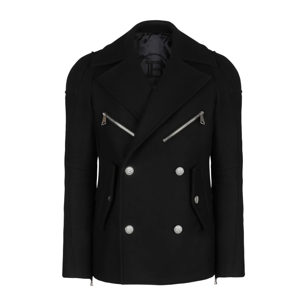 Balmain Zwarte dubbelrijige peak lapel jas met rits en zilveren logoknopen Black Heren