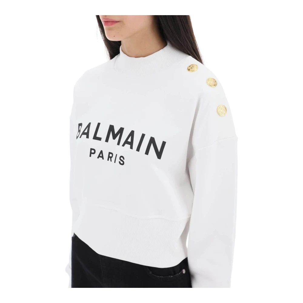 Balmain Cropped Sweatshirt met Logo Print en Knopen White Dames