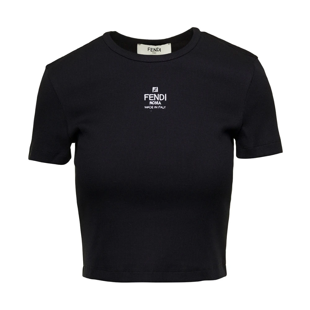 Fendi Women's Black T-Shirts, S, Ribbed Cropped T-Shirt
