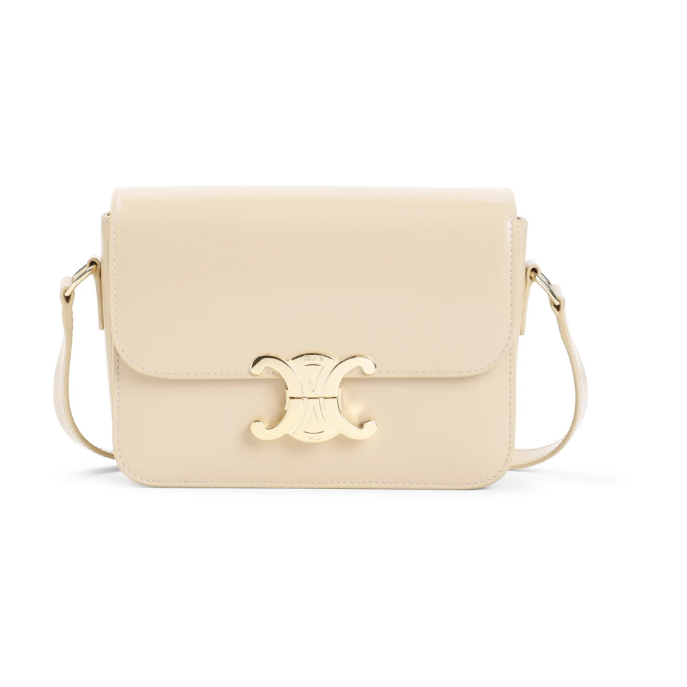 Celine Women's Beige Shoulder Bags, One Size, Leather Shoulder Bag With Logo Buckle