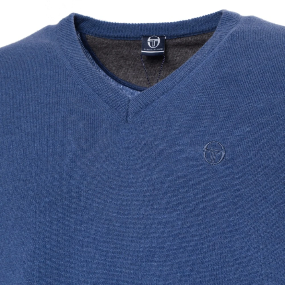 Sergio Tacchini V-hals wollen trui met geribbelde boorden Blue Heren