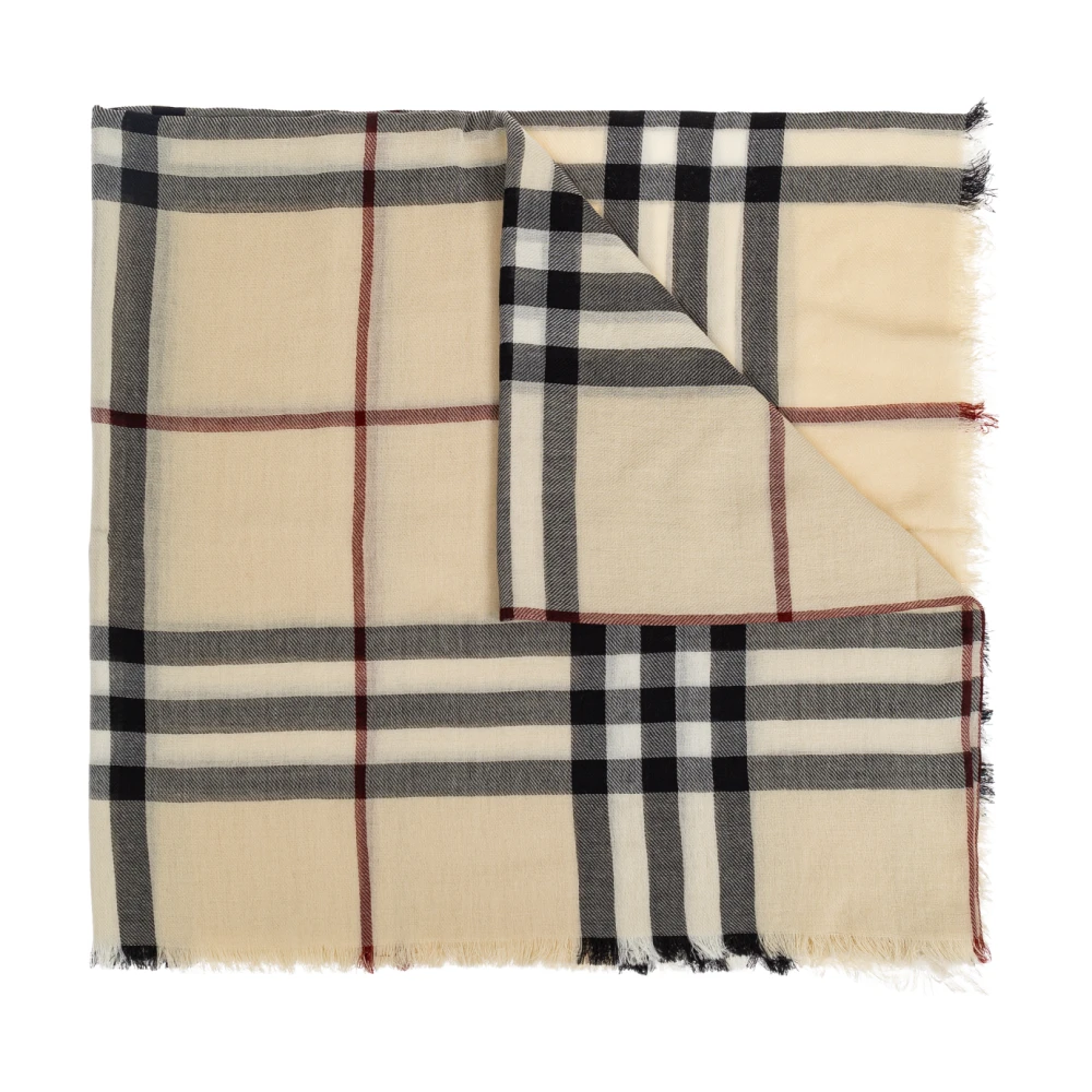 Burberry Frayed Hem Wool Motif Scarf Beige Dames