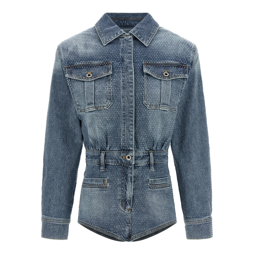 Self Portrait , Playsuits, Female, Blue, S, Rhinestone Denim Playsuit