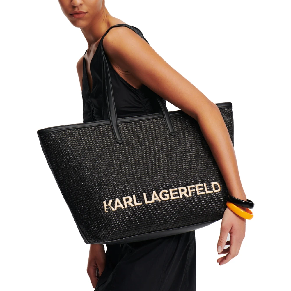 Karl Lagerfeld Raffia Tote Tas met Geborduurd Logo Black Dames
