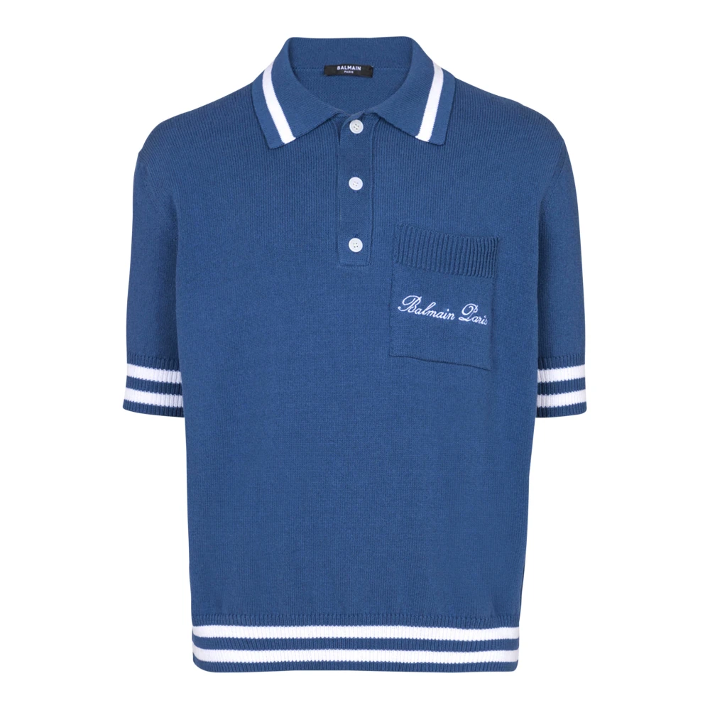 Balmain Katoen-linnen poloshirt met Balain Signature borduurwerk Blue Heren