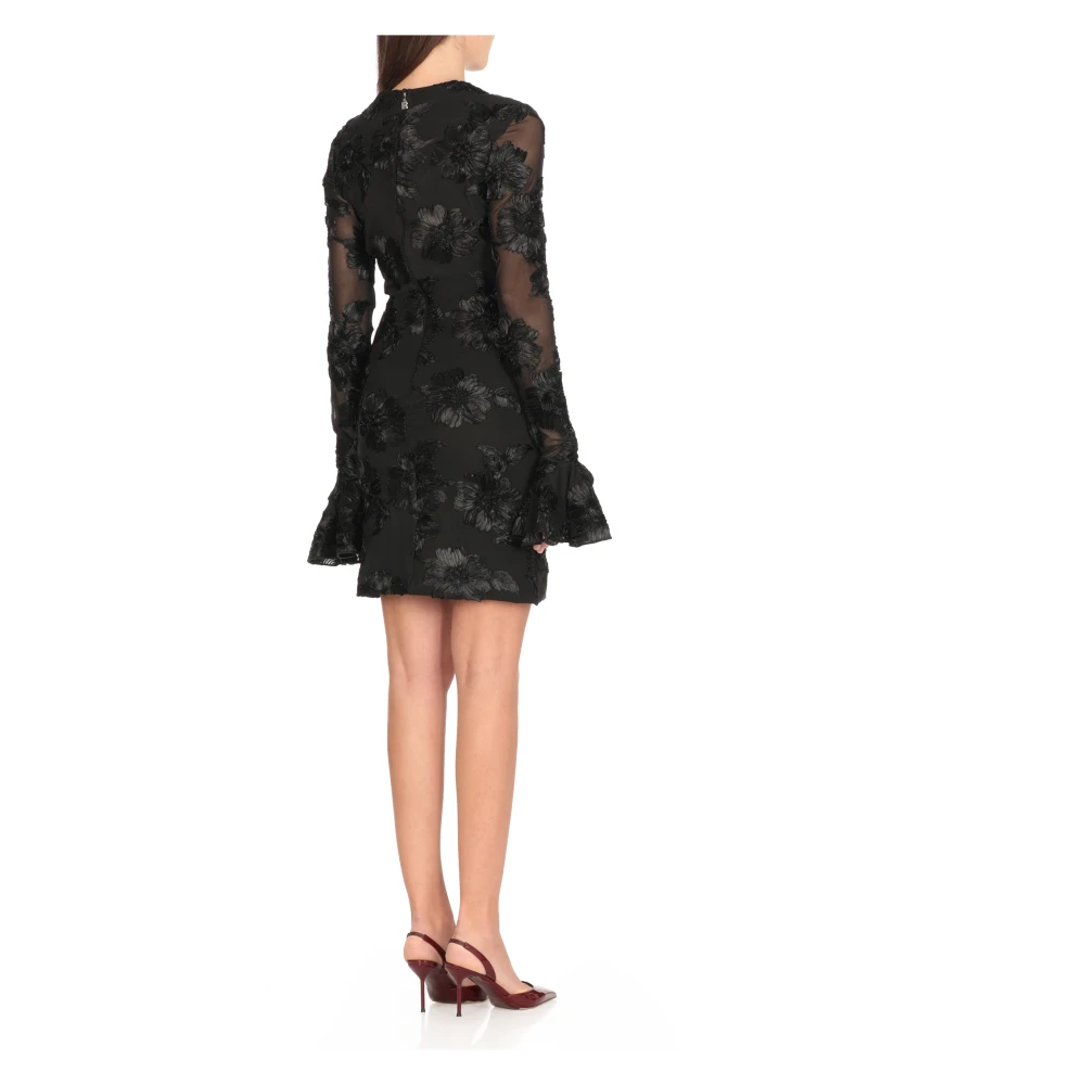 Rotate Birger Christensen Zwarte jurk met bloemenreliëf en lange mouwen Black Dames