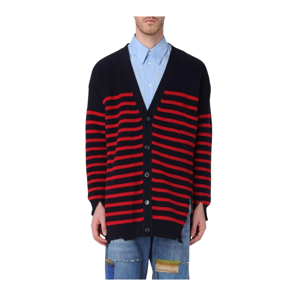 Marni Men's Multicolor Cardigans, S, Striped Knit Cardigan Distressed Detail