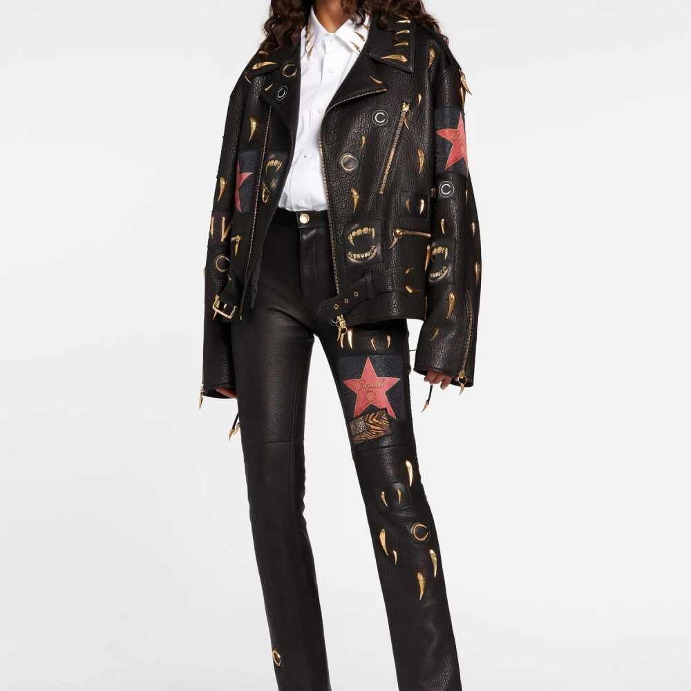 Roberto Cavalli Leren Rechte Pijp Versierde Broek Black Dames