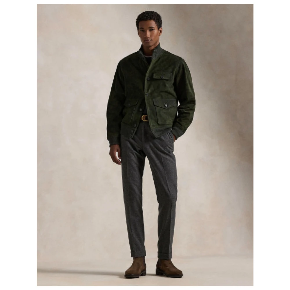 Polo Ralph Lauren Zwarte Suède Bomberjack met Geribde Details Green Heren