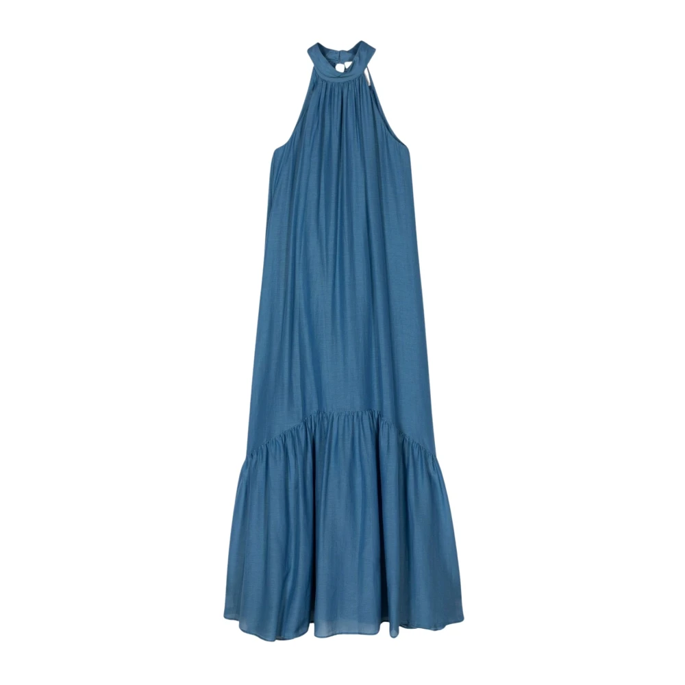 Semicouture Lång klänning med amerikansk urringning och rynkad nederkant i bomull-silke muslin Blue, Dam