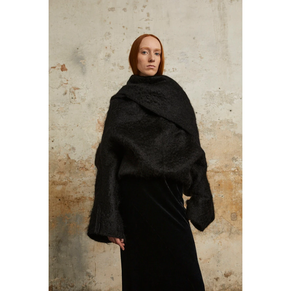 Cortana Lucht lang zwart mohair jas Black Dames