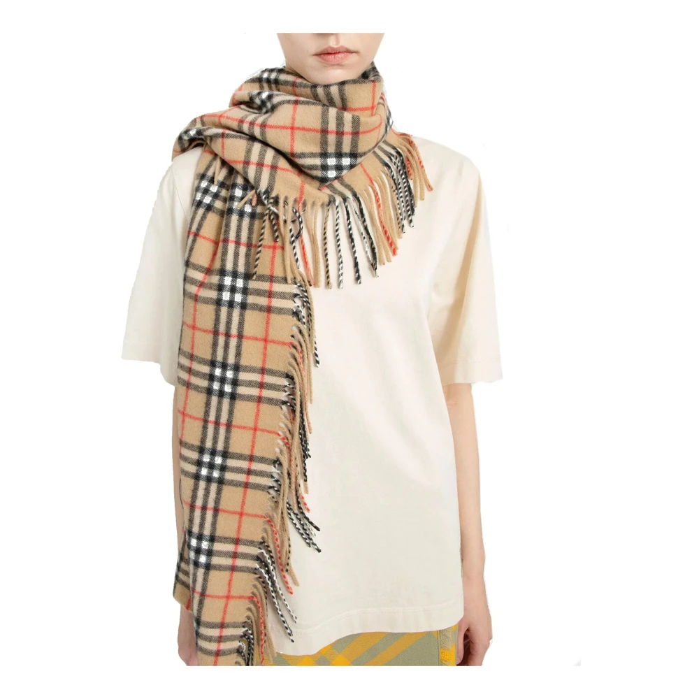 Burberry Geruite Cashmere Sjaal Franje Afwerking Beige Dames