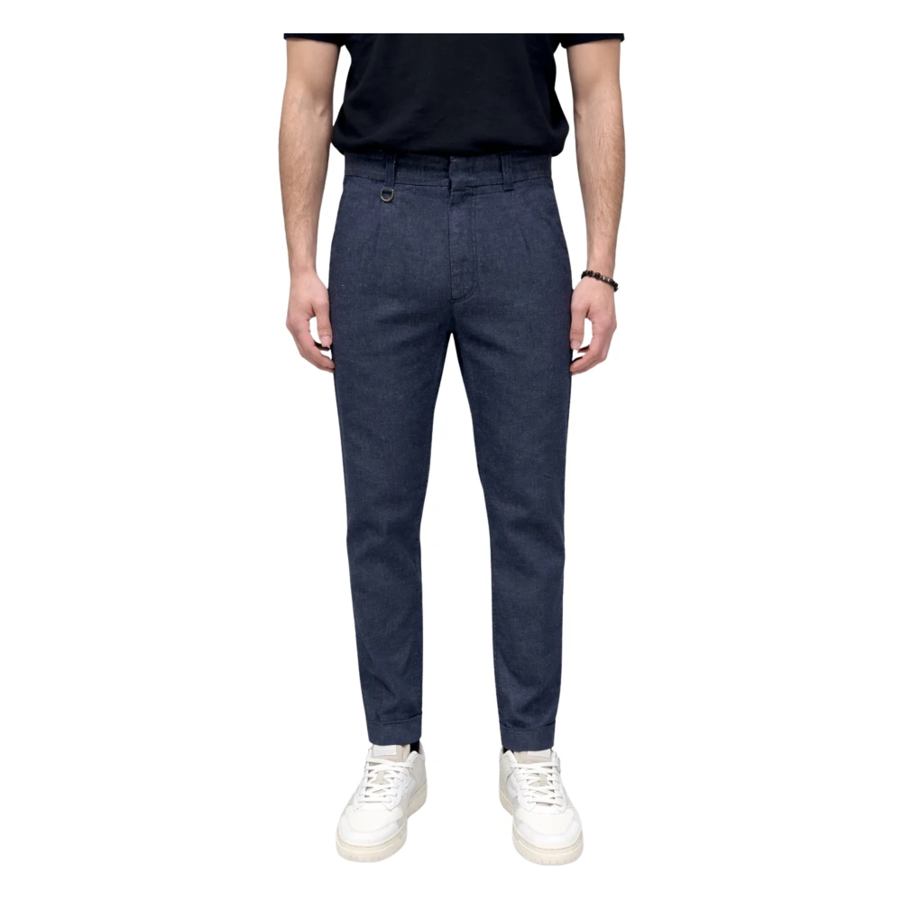 Paolo Pecora Men's Blue Slim-Fit Trousers, L, Carrot Fit Trousers