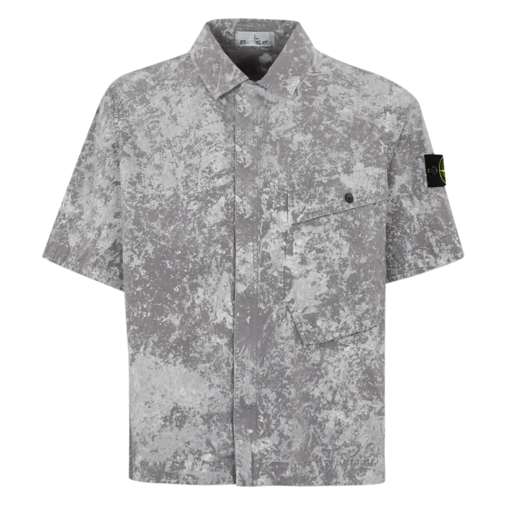Stone Island Grijze Overshirt Korte Mouw Rits Voorkant Gray Heren