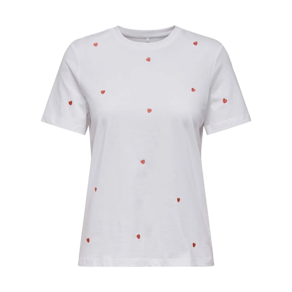 Only Donna Bianco - T-Shirt Girocollo Bianca Con Cuori Ricamati - Immagine 3