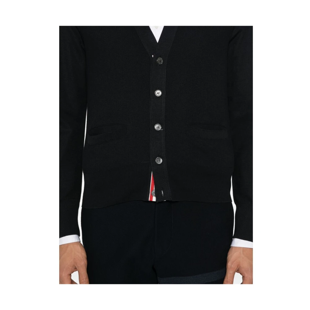 Thom Browne Navy Blauw Zijden V-Hals Trui Blue Heren