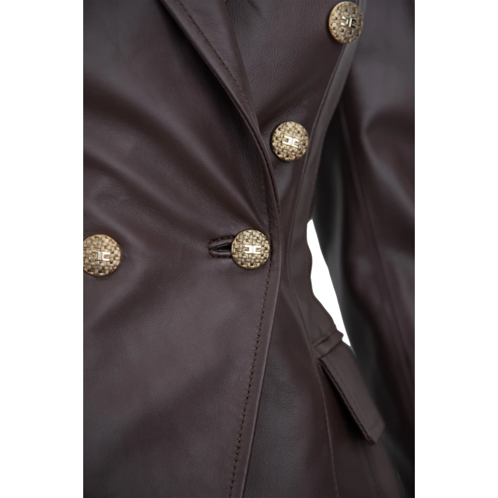 Elisabetta Franchi Double-breasted leren blazer met gouden knopen Brown Dames