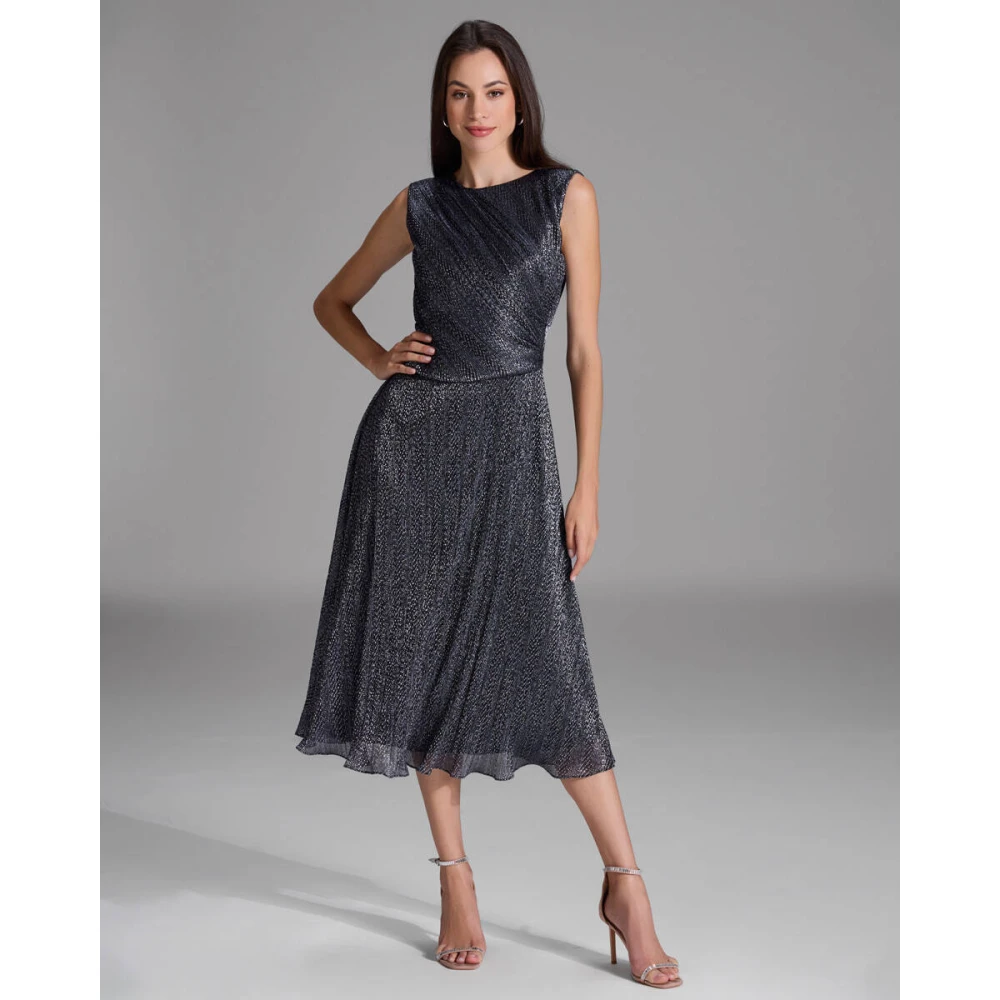 Swing Geplooid Midi Jurk met Metallic Blue Dames