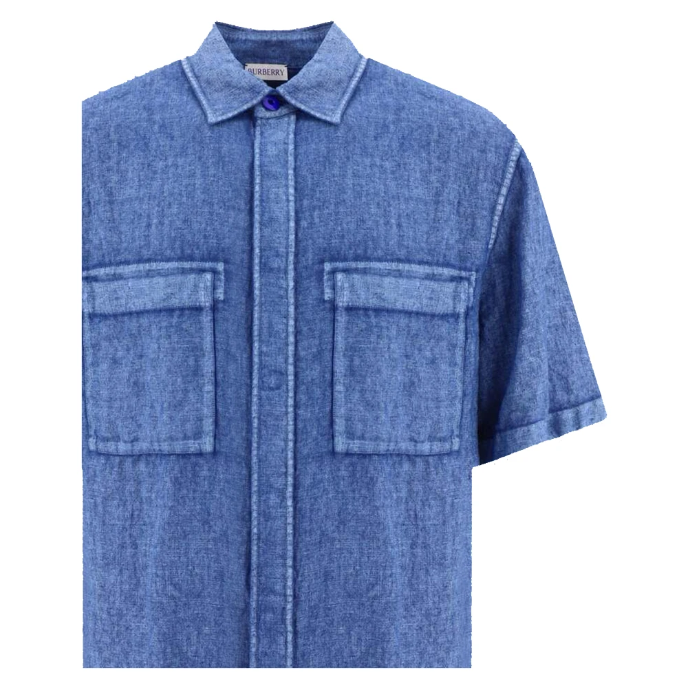 Burberry Blauw Linnen Shirt Korte Mouwen Blue Heren