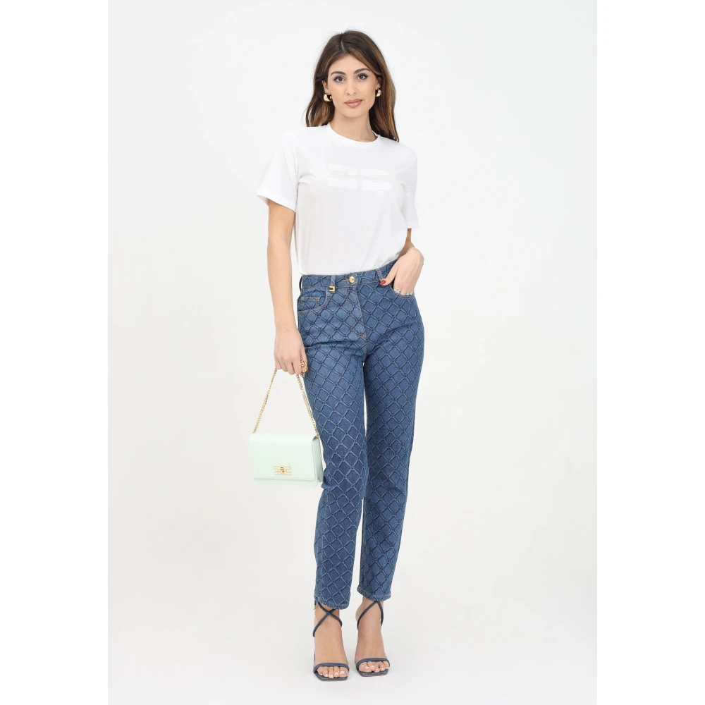 Elisabetta Franchi Blauwe denim jeans met laserprint Blue Dames