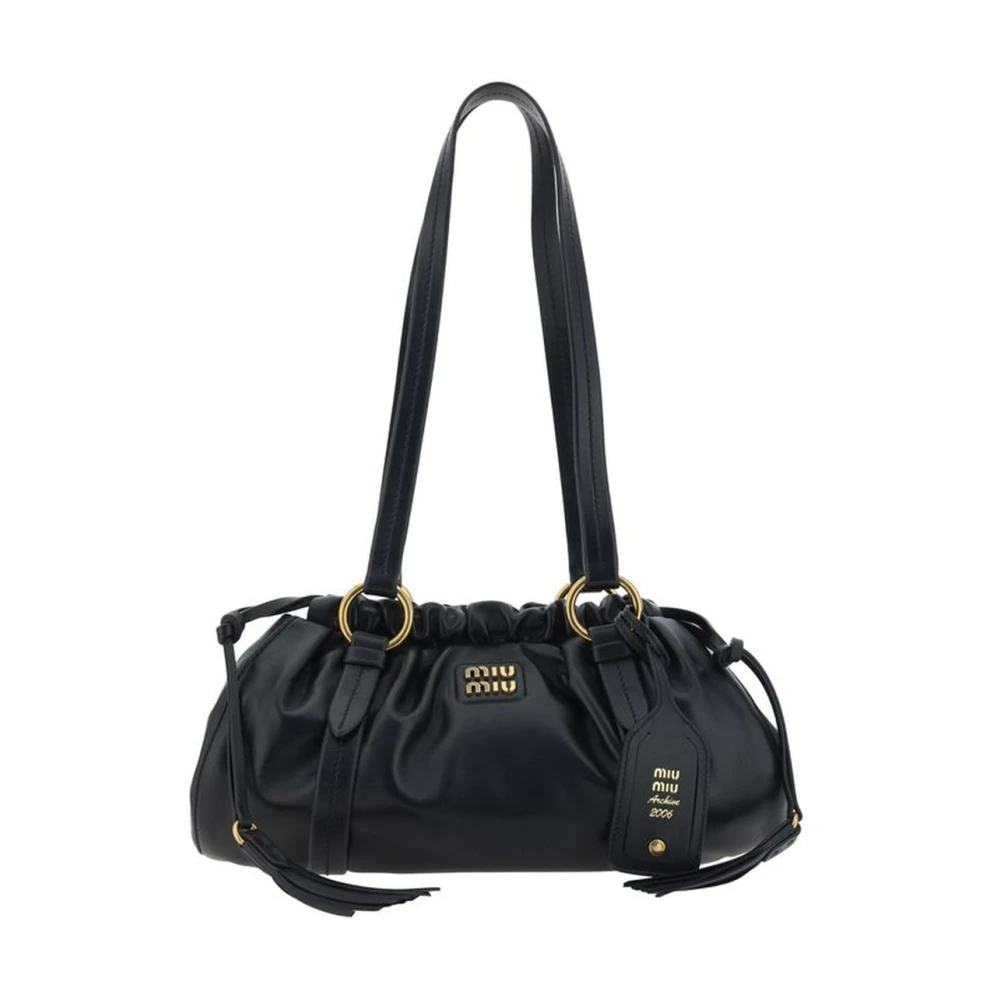 Miu Stijlvolle leren schoudertas met trekkoordsluiting Black Dames