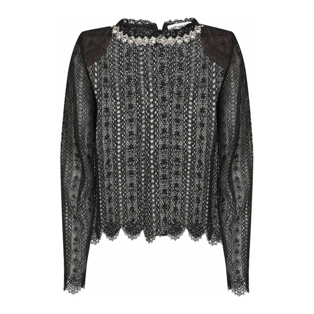 Self Portrait Floral Lace Cropped Top - Female - Long Sleeve T-Shirts - Black - 2XS - Tops