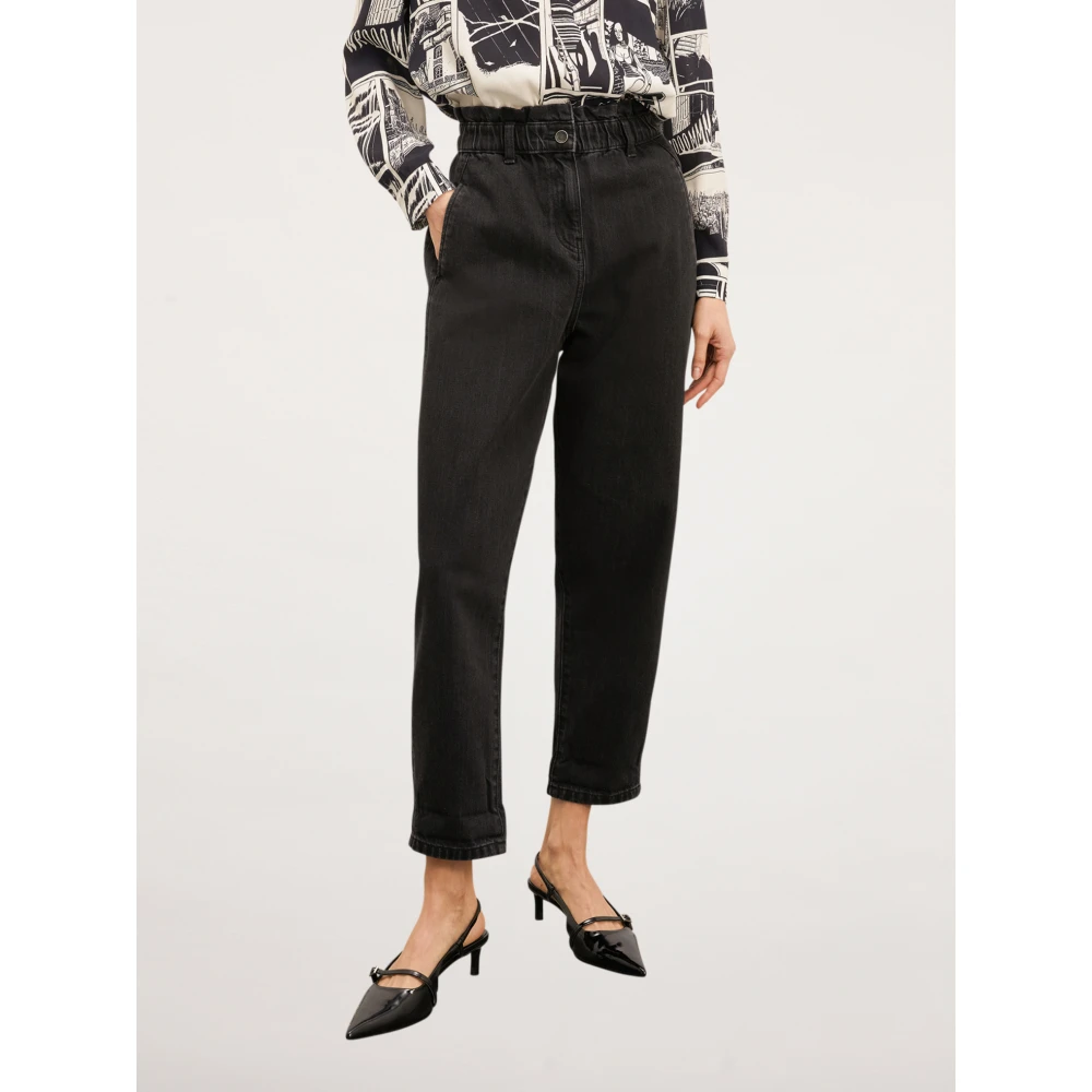Motivi Baggy Jeans met Hoge Gekreukte Taille Black Dames