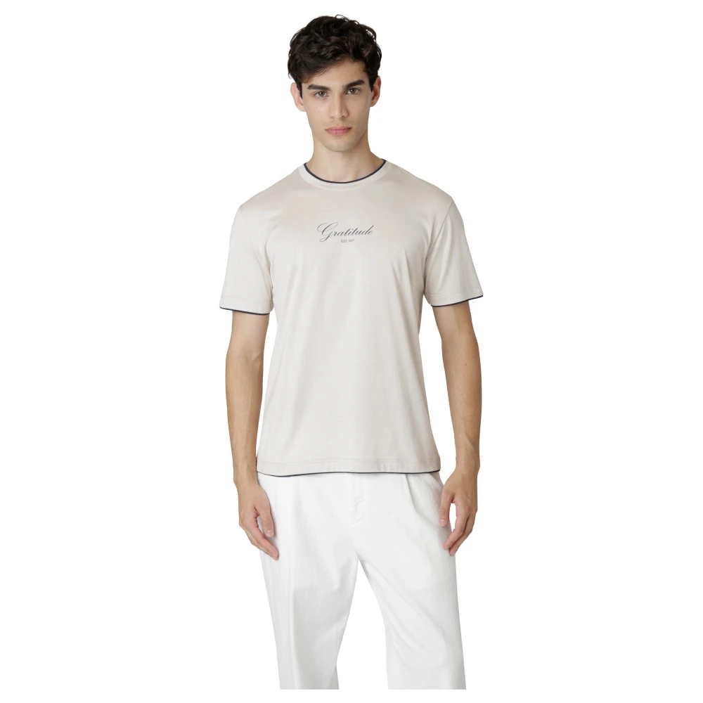 Eleventy Gedrukt Katoenen Ronde Hals T-shirt Beige Heren