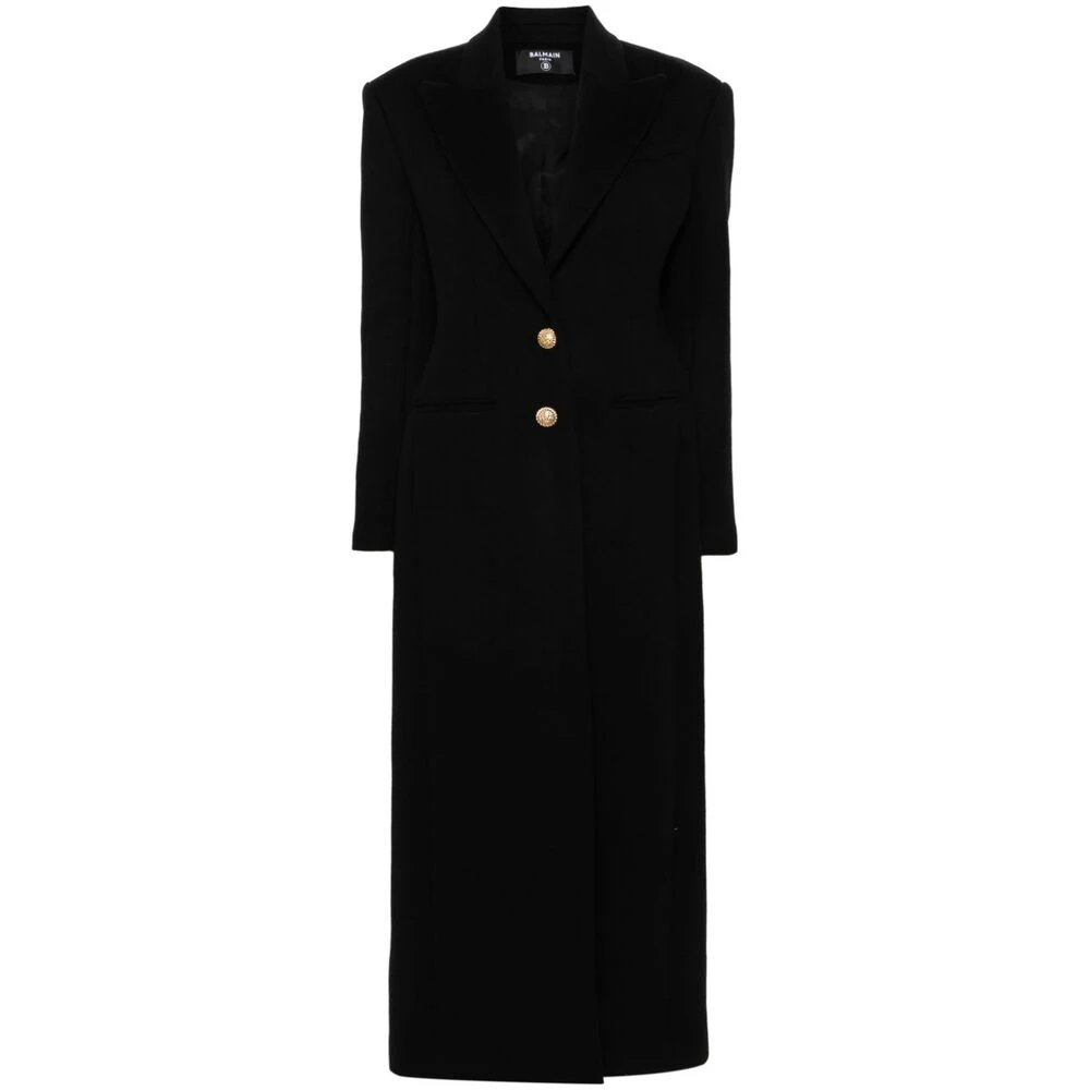 Balmain Zwarte Wollen Jas met Logoknopen Black Dames
