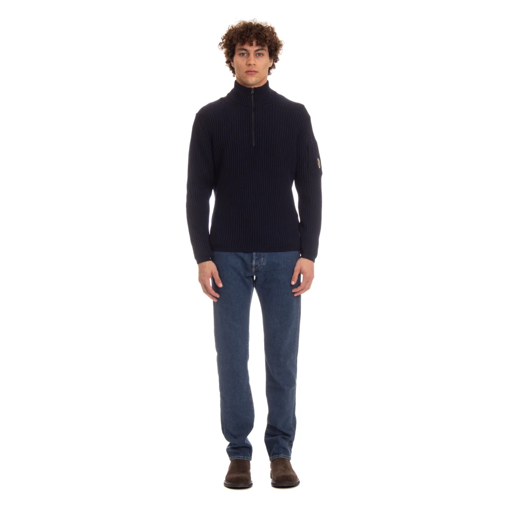 C.P. Company Blauwe Geribbelde Trui met Kwart Rits Blue Heren