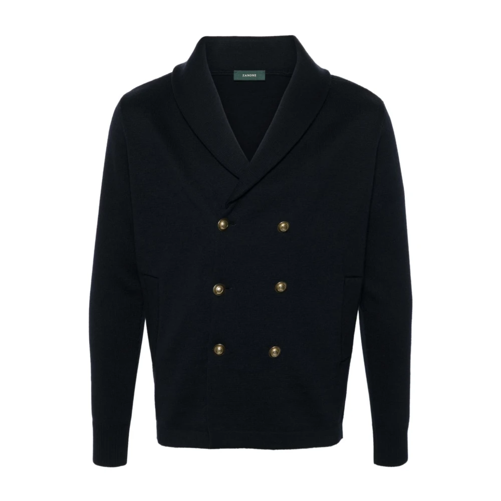 Zanone Navy Dubbelbreasted Gebreid Jasje Black Heren