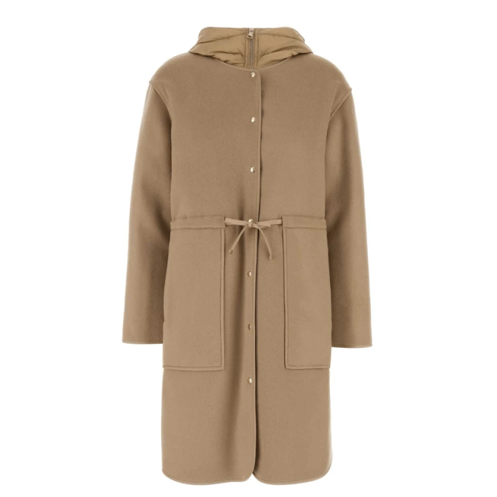 Moncler Kameelwolblend Hooded Jas Brown Dames