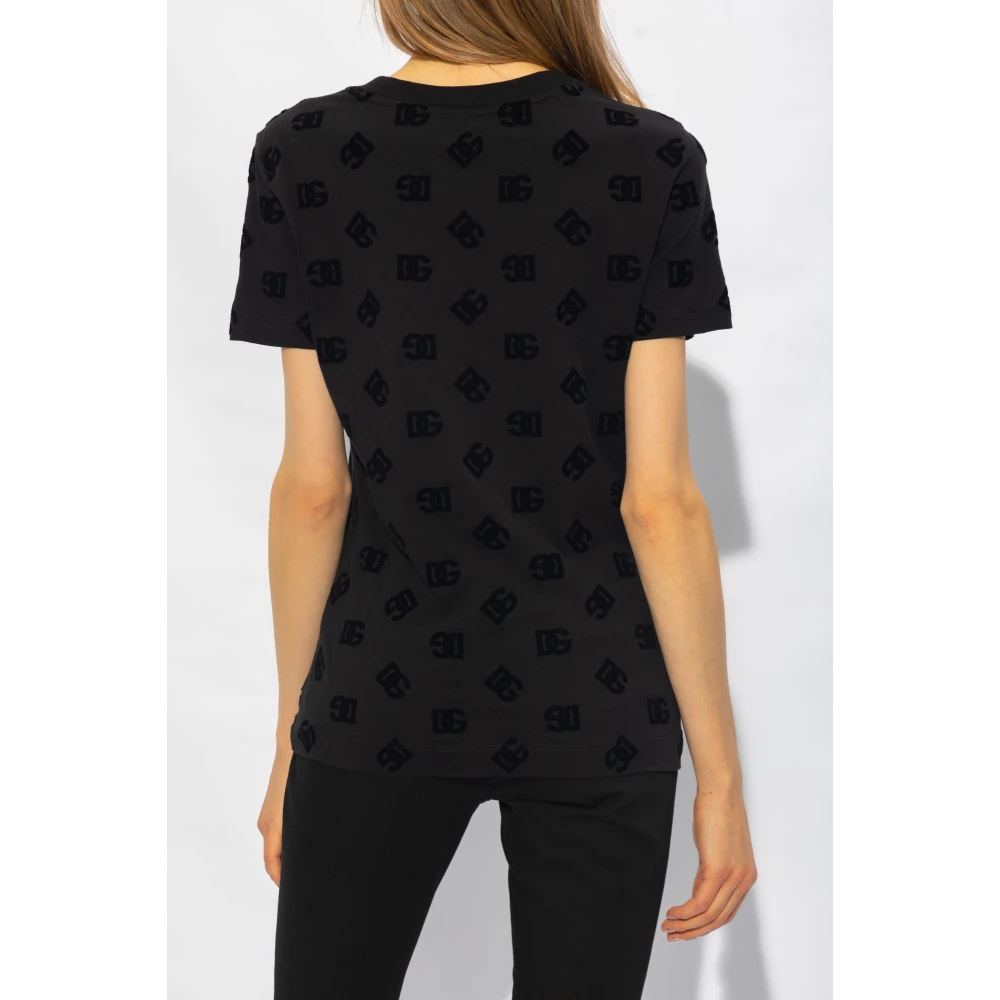 Dolce & Gabbana T-shirt met fluwelen monogram Black Dames