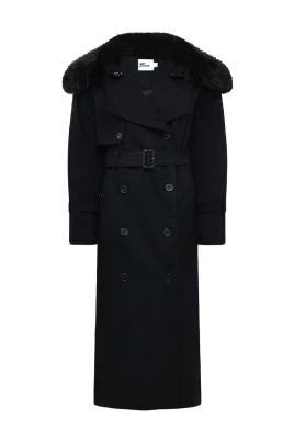 Twill Trenchcoat med pälskrage