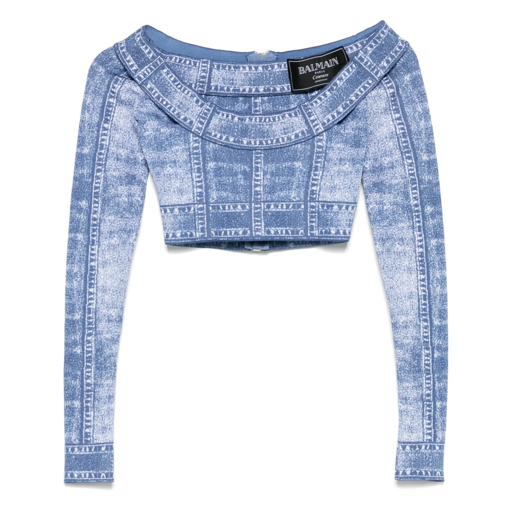 Balmain Denim Effect Longsleeve Top met Logo Blue Dames
