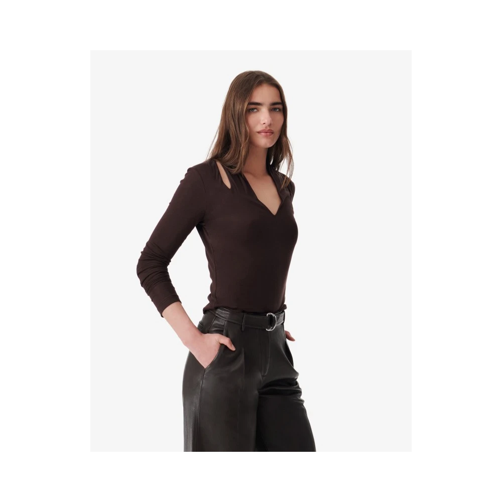 IRO Viscose V-hals T-shirt met schouderopeningen Brown Dames