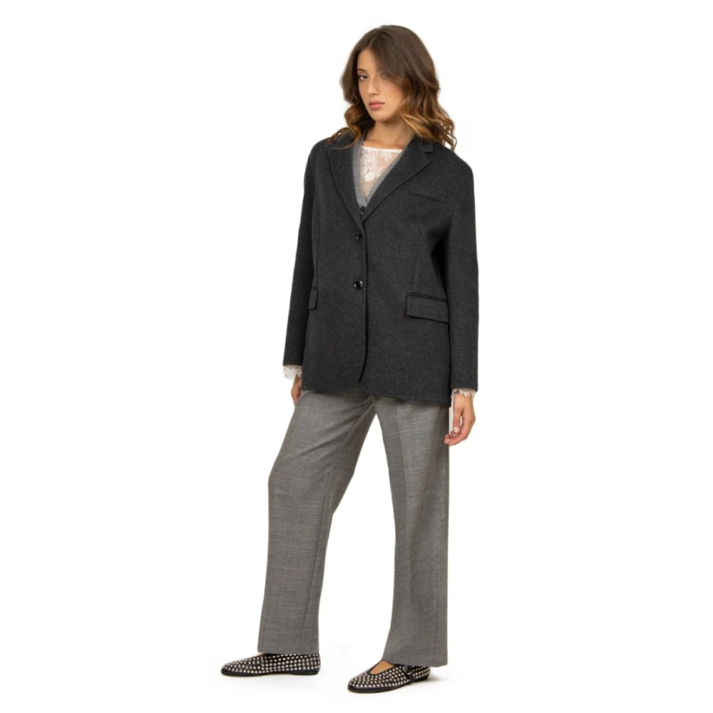 Semicouture Donkergrijze Wollen Jas V-hals Black Dames