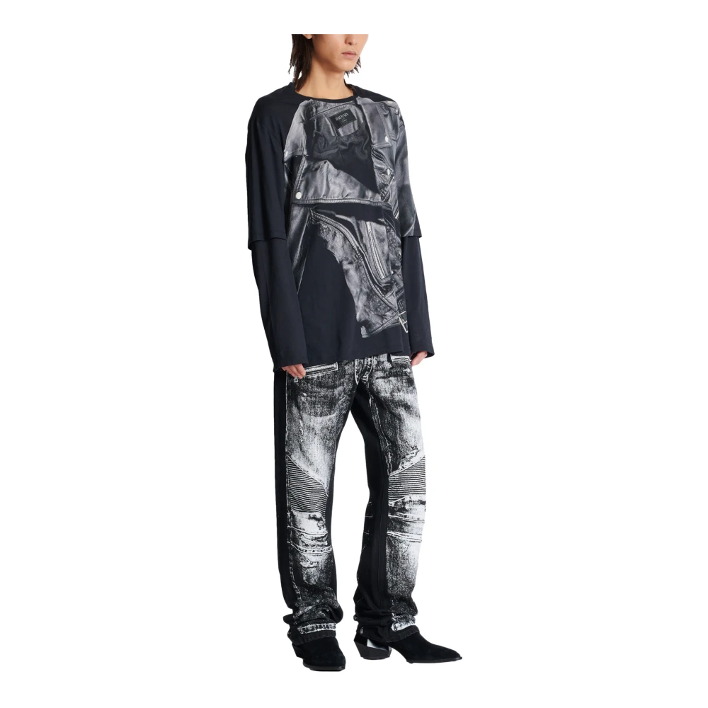 Balmain Leather Trompe L`Œil LS T-Shirt Black Heren