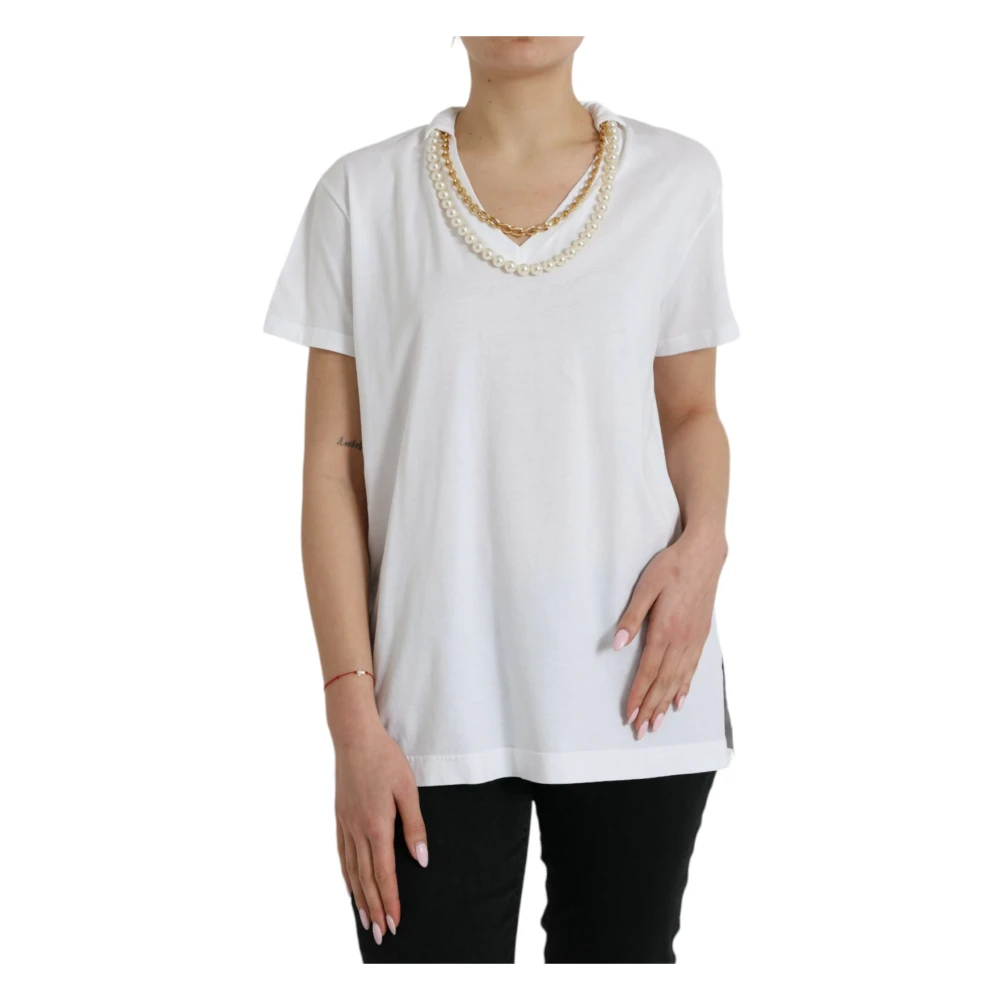 Dolce & Gabbana Witte Katoenen T-shirt met Kettingdetail White Dames