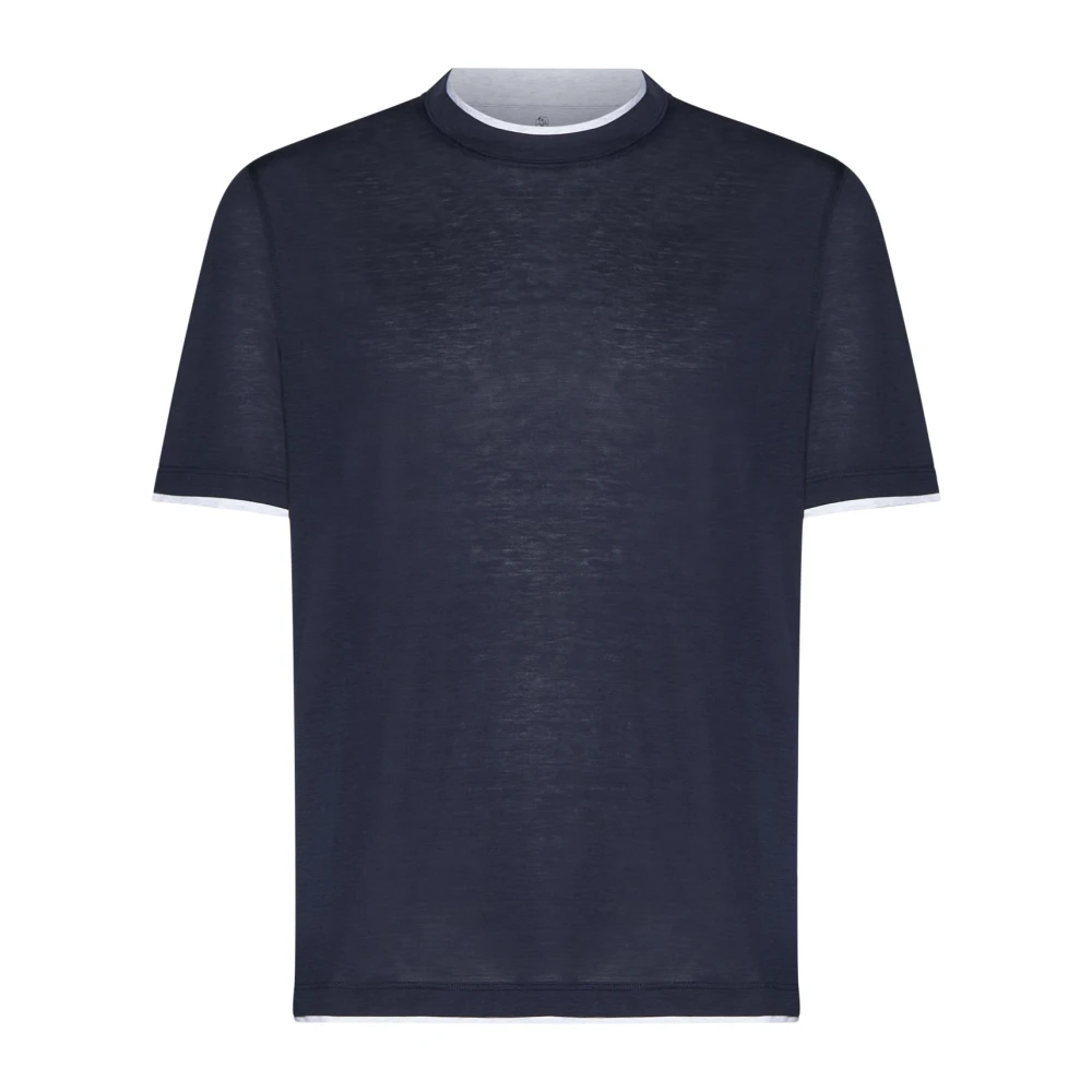 BRUNELLO CUCINELLI Blauwe Gelaagde Zijde-Katoen T-shirts Polos Blue Heren