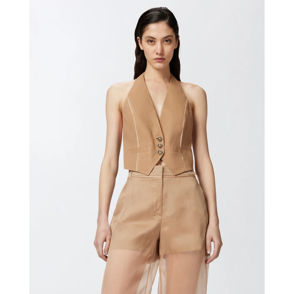 pinko Mouwloos Linnen Vest met Organza Details Brown Dames