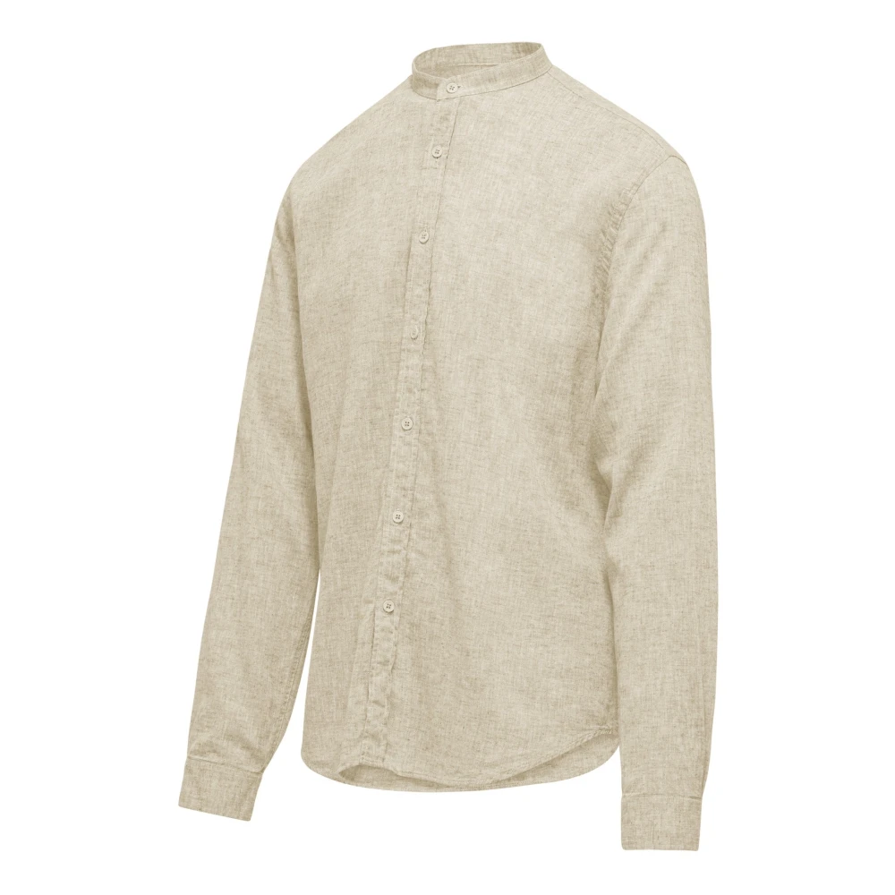 BomBoogie Mandarijn Kraag Linnen Katoen Shirt Beige Heren