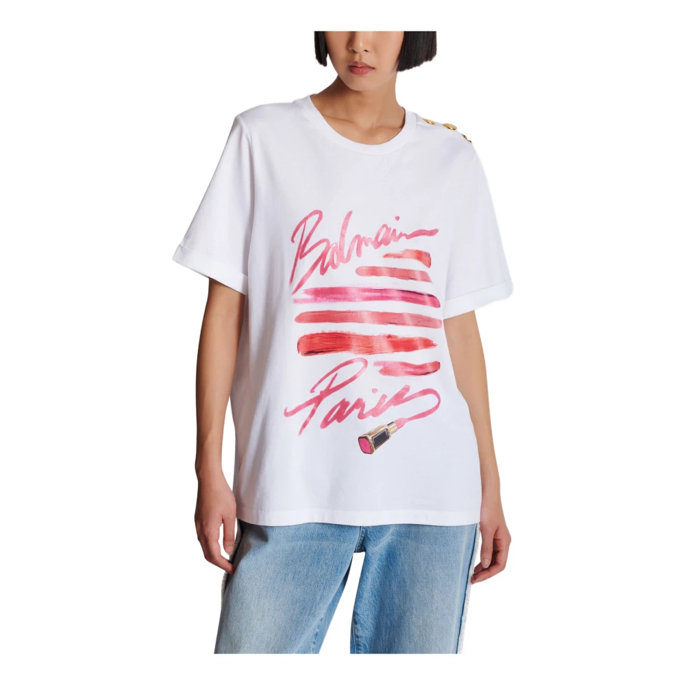Balmain T-shirt met lippenstiftprint White Dames