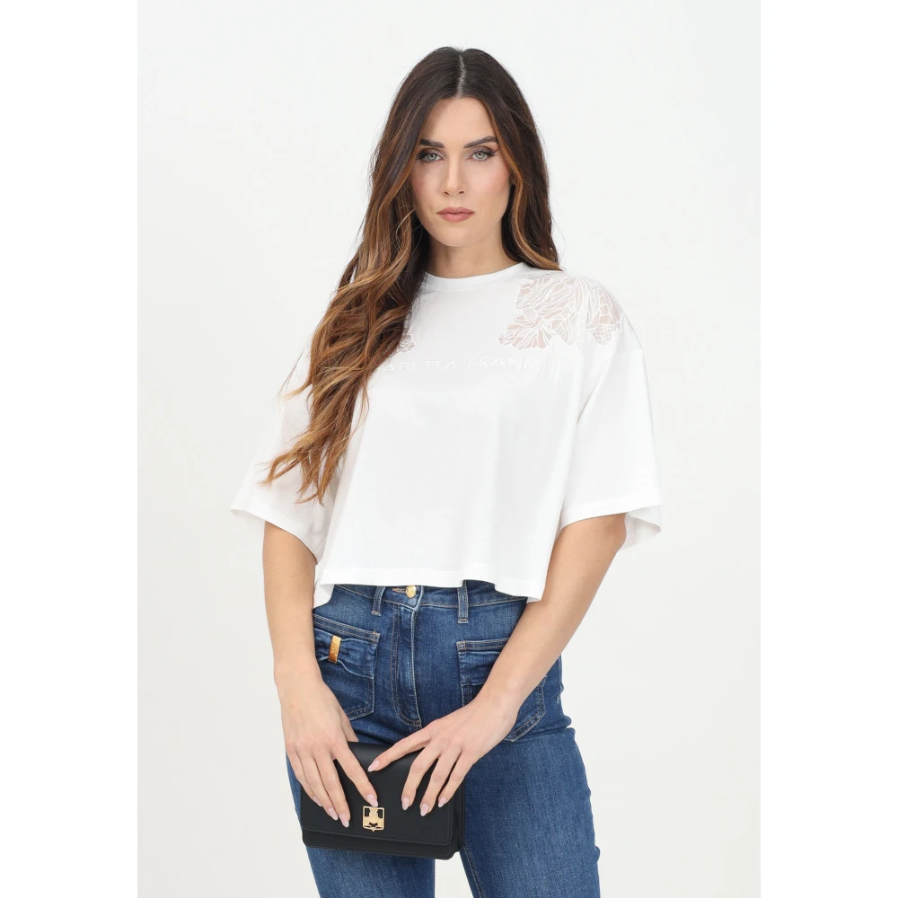 Elisabetta Franchi Moderne Cropped T-shirt met Bloemenkant White Dames