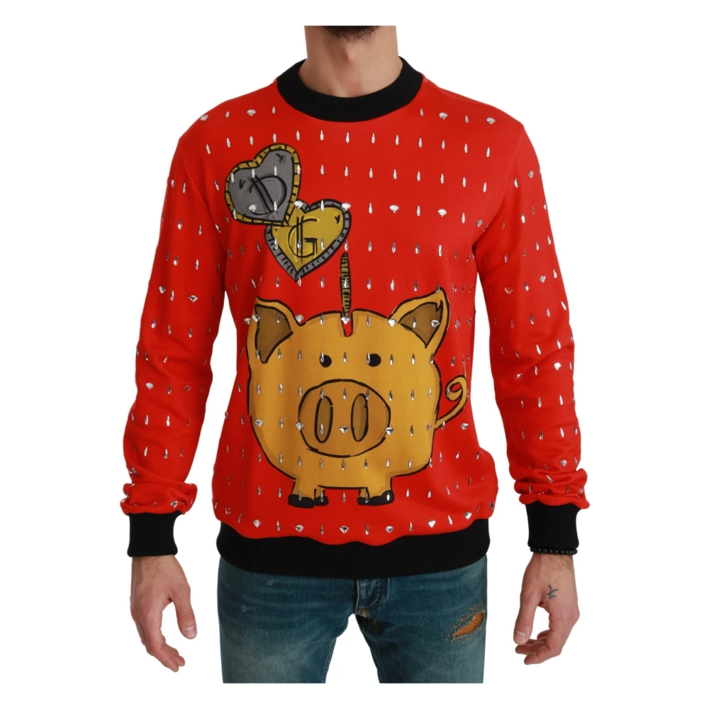 Dolce & Gabbana Men's Red Round-Neck Knitwear, L, Year Of The Pig Crystal Jumper
