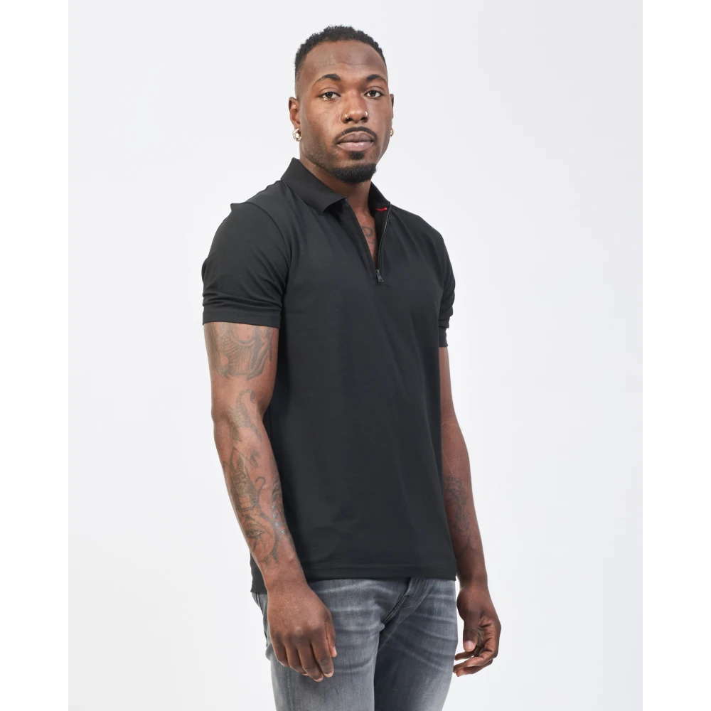 Hugo Boss Zwarte Zip Polo Shirt Slub-Garen Black Heren