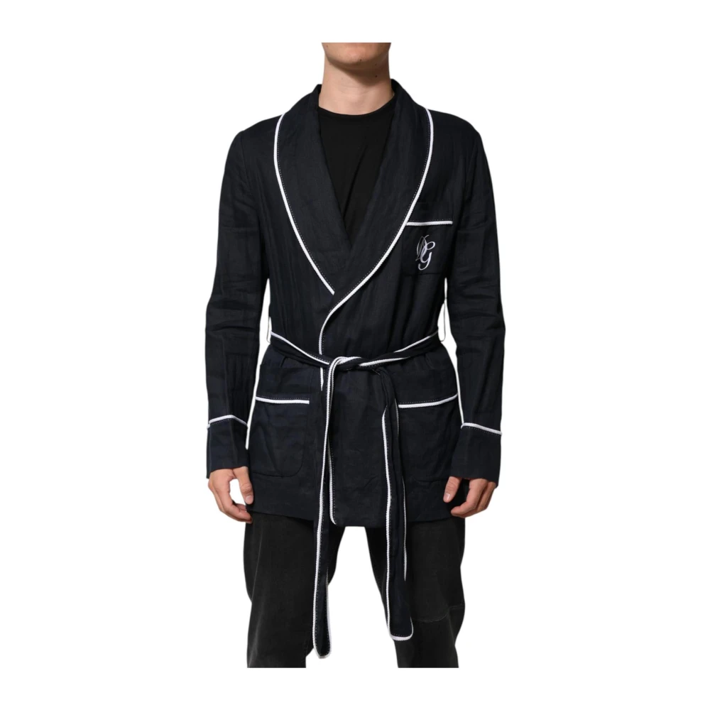 Dolce & Gabbana Men's Blue Embroidered Linen Robe Blazer