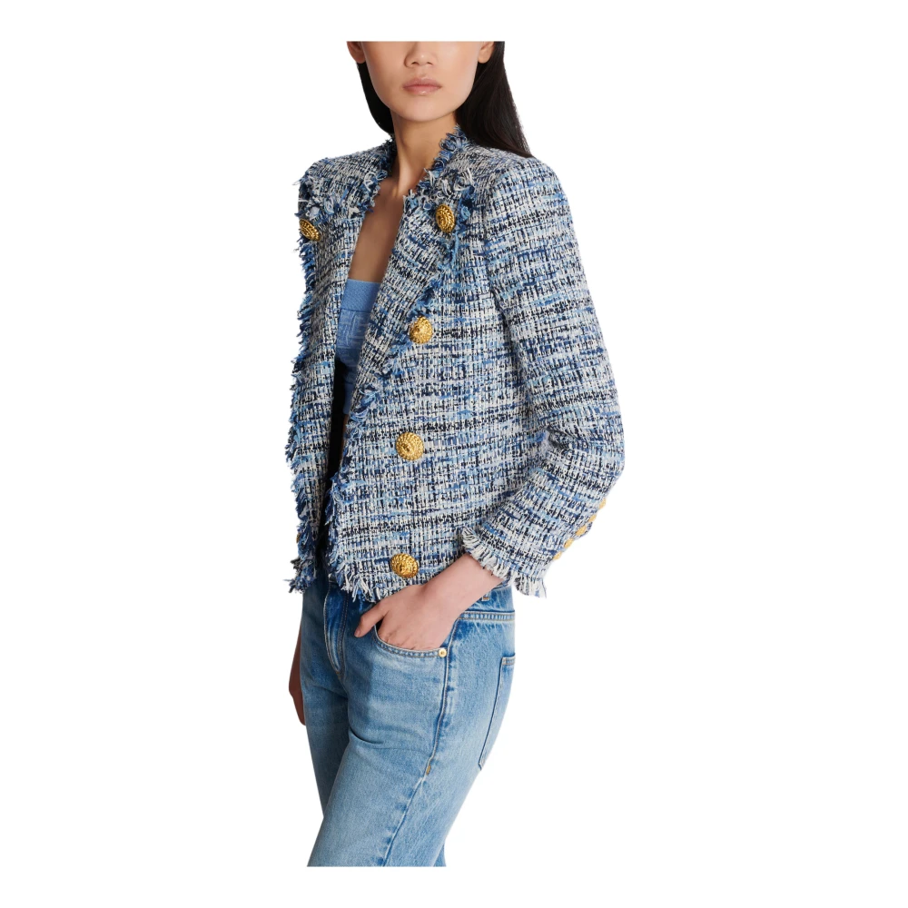 Balmain Geknipte tweed jasje met rand-tot-rand en 8 knopen Blue Dames