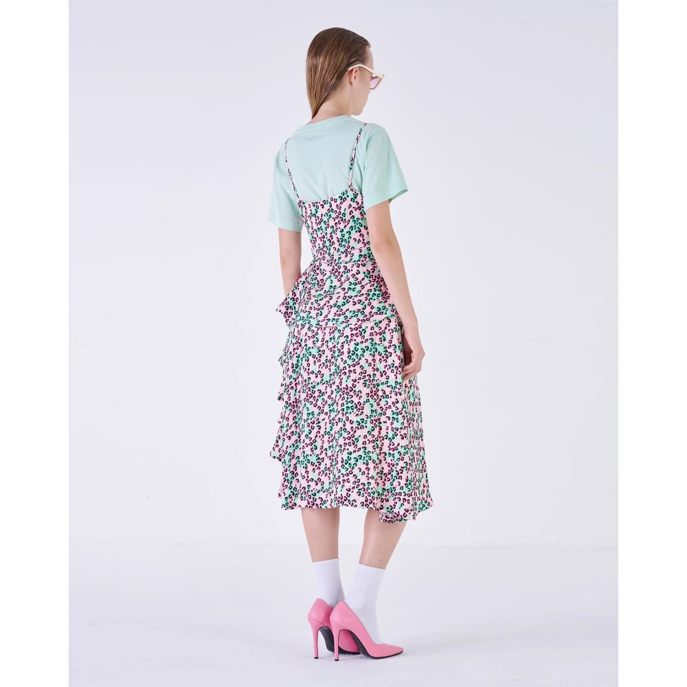 Silvian Heach Luipaardprint Midi Jurk met Ruches Pink Dames
