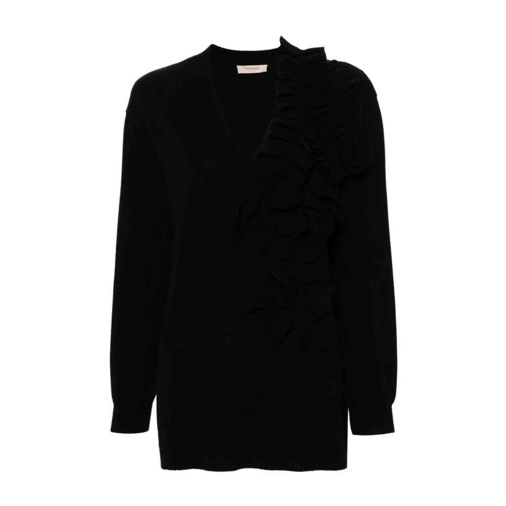 Twinset Women's Black V-Neck Knitwear, S, Knit Ruffled V-Neck Dress